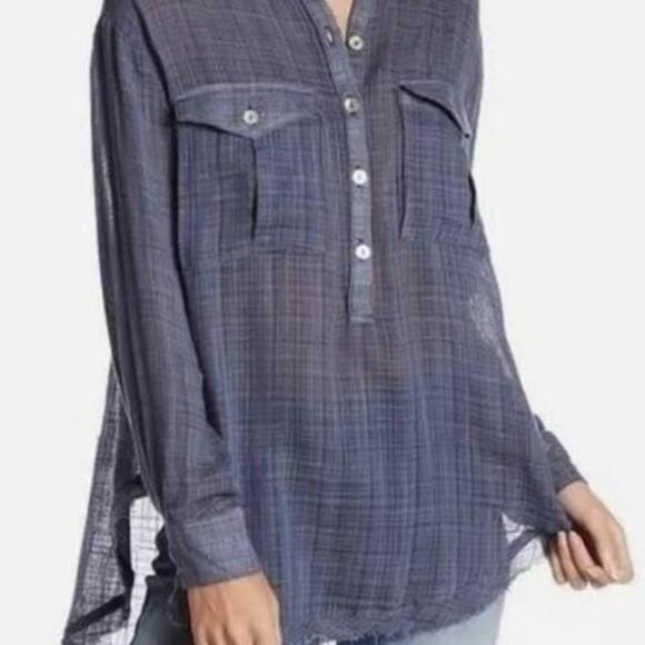 Free People Talk To Me Frayed Hem Popover Blouse - Picture 1 of 8
